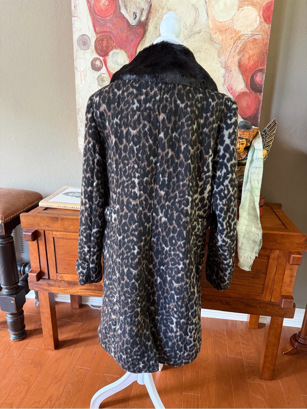Merona Leopard Print Coat Faux Fur Collar Wool Blend Long Coat XL - Picture 3 of 8